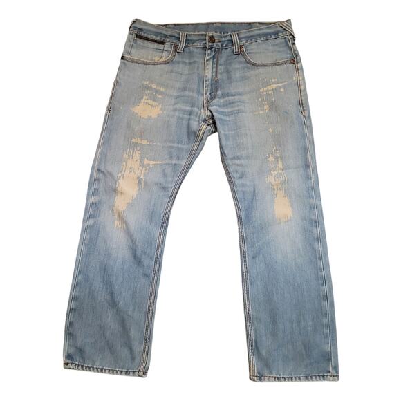 LEVI’S 514 Men’s 38X30 Slim Straight Light Wash Distressed Leather Trim Worn-In - Picture 1 of 11